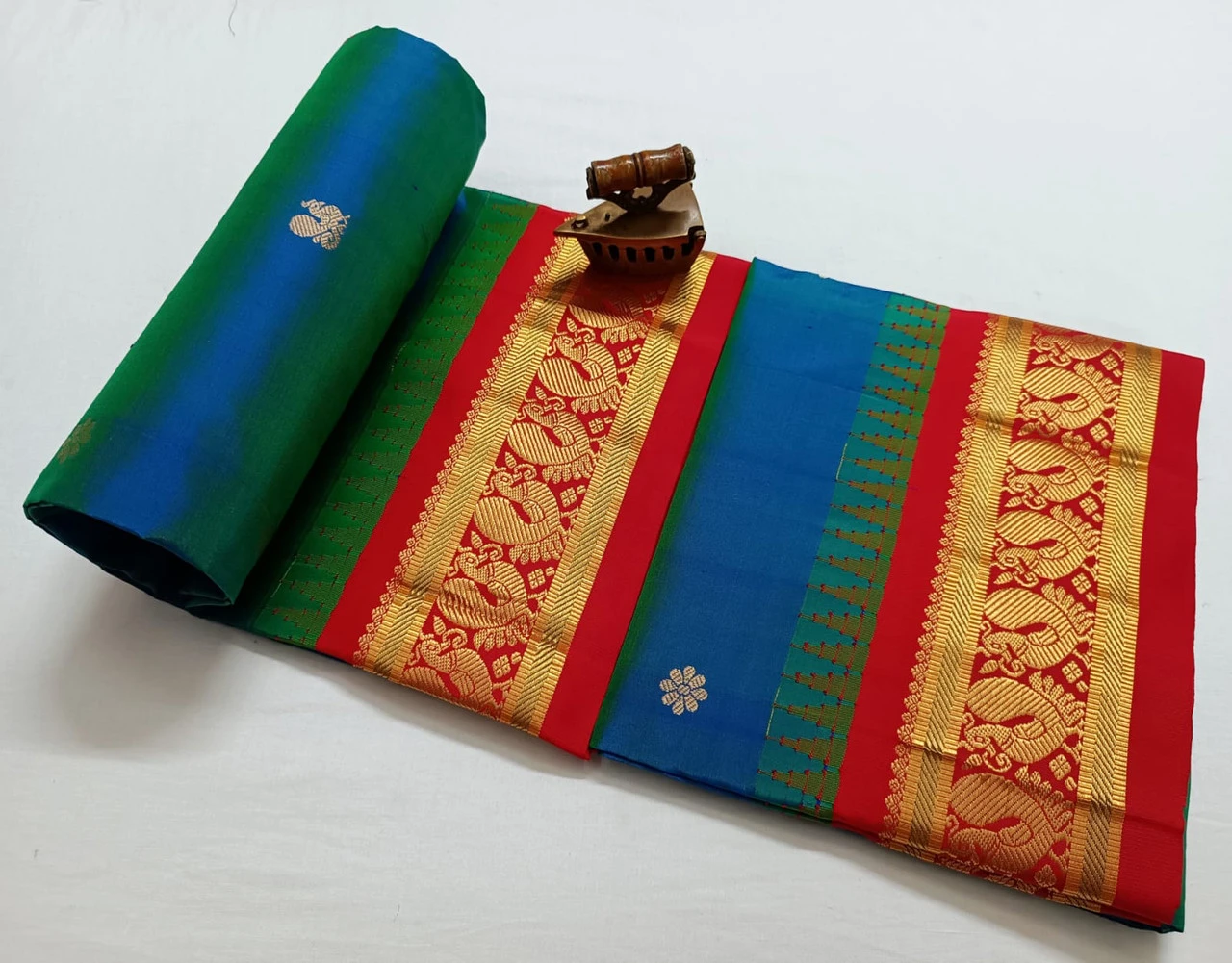 Blue with Red Conrast Gadwal traditional silk saree with zari border for festive and wedding occasions