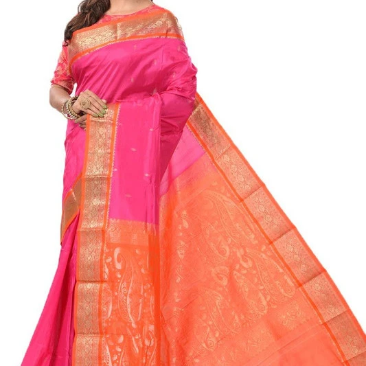Traditional Kanchipuram Pure Silk Saree in Baby Pink and Orange Contrast 