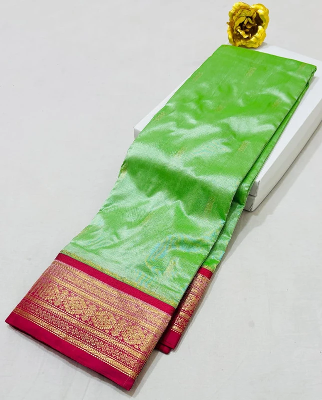 Teal Green Kanchipuram pure silk saree with Red and Gold zari border, traditional Indian wedding saree