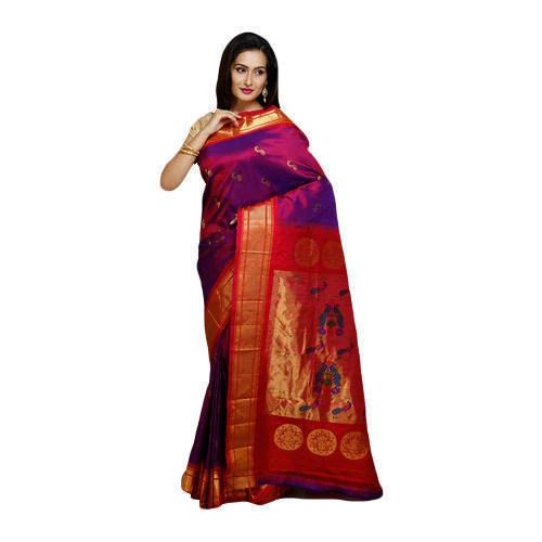 Paithani Pure Silk  in Majenta with Red Contrast Border Meena Butta Saree with Silk Mark