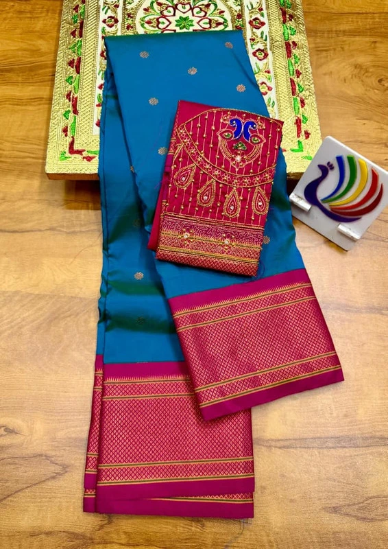 Ananda Blue wth Rani Border Semi Silk Paithani Saree with Peacock Embroidery Blouse