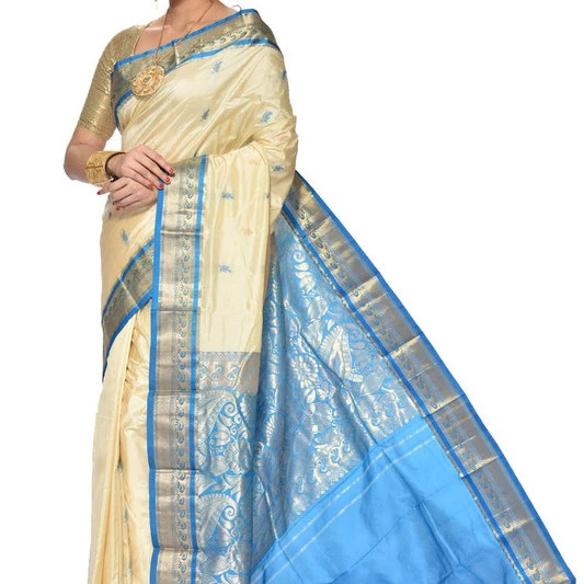 Traditional Arangetram Kanchipuram Pure Silk Saree in Off White with Anandha Blue Contrast 