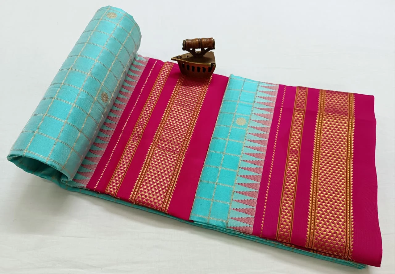 Pure Ilkaal Checks saree in Aqua Blue and Rani with zari border and traditional woven patterns