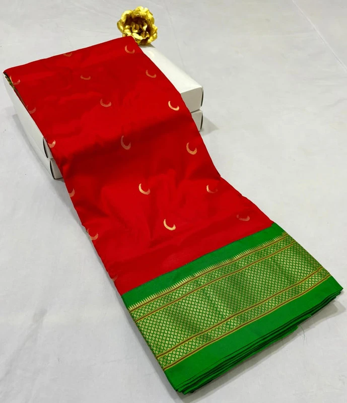 Red with Green Border Paithani Pure Silk Saree with Meena Butta weaving and traditional zari border