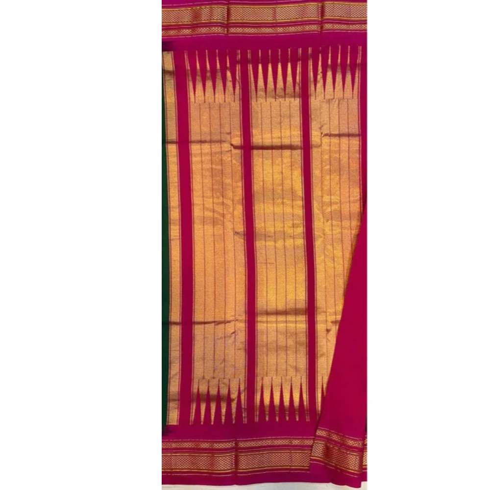 Pure Ilkaal Checks saree in Bottle Green with zari border and traditional woven patterns