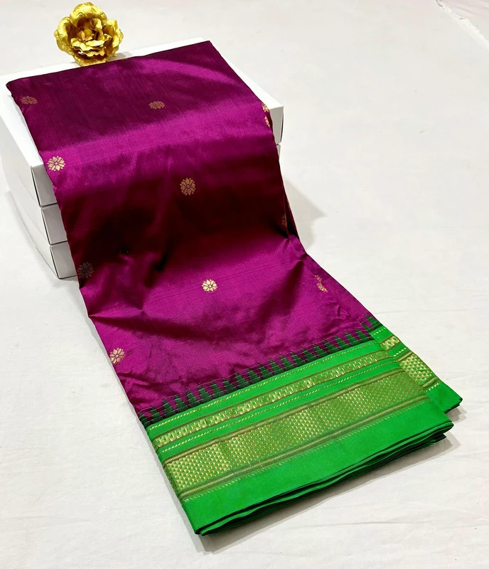 Wine Purple pure Ilkaal Butta saree with Green zari contrast border and traditional gold motifs