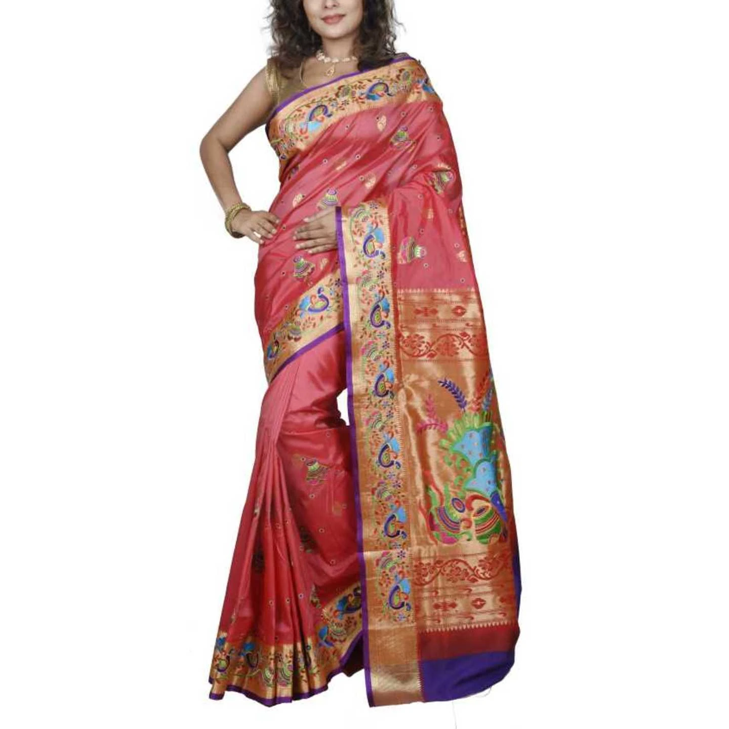 Peach Pink and Green Allover Embroidery Fancy Paithani Art Silk Saree