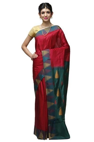 Red and Green Temple Border Kadiyal Variety Pure Bangalore Silk Saree