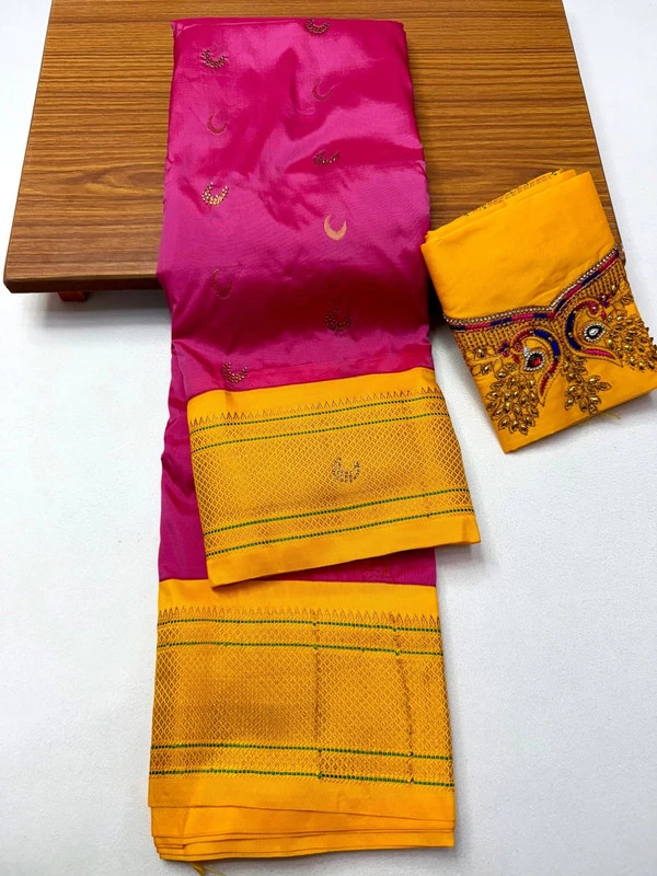 Rani Pink with Yellow Border Semi Silk Paithani Saree with Peacock Embroidery Blouse