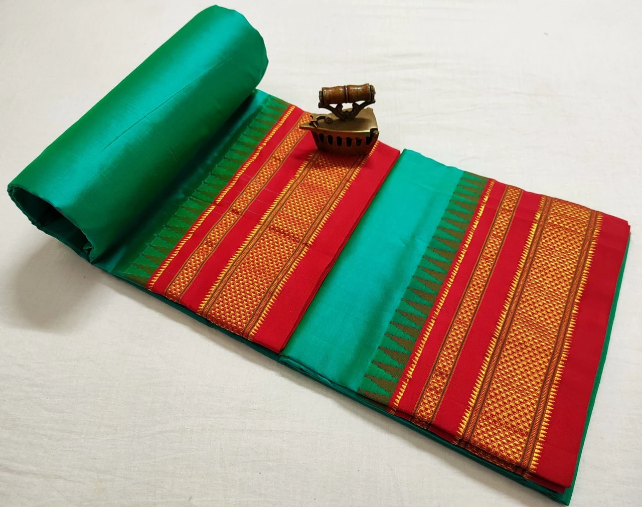 Green Ilkaal plain pure saree with pink contrast zari border traditional handloom design