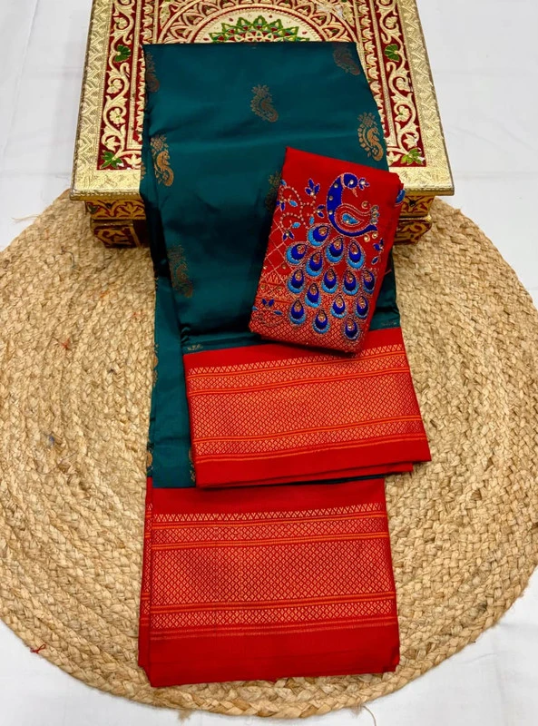 Green with Red Border Semi Silk Saree with Pink Zari Border & Embroidered Blouse