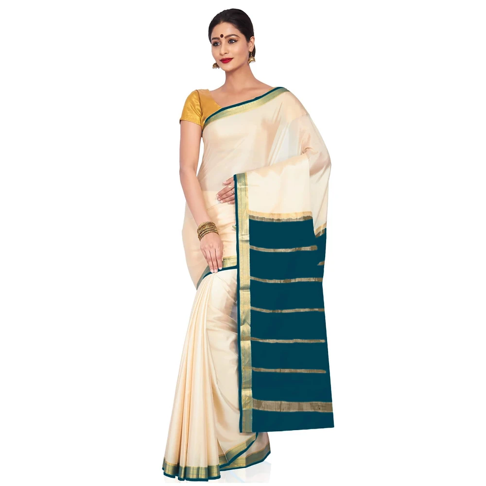 Tussar Cream with Rama Green Contrast Onam Special Pure Mysore Silk Handwoven saree
