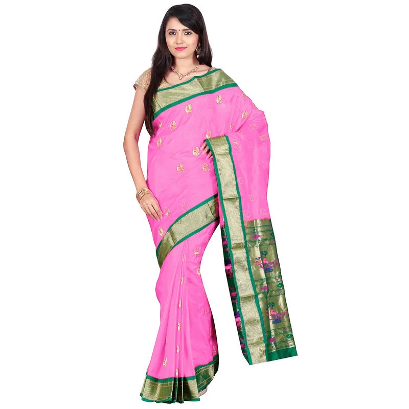Handwoven Paithani Pure Silk Baby Pink and Green Border Saree with Silk Mark