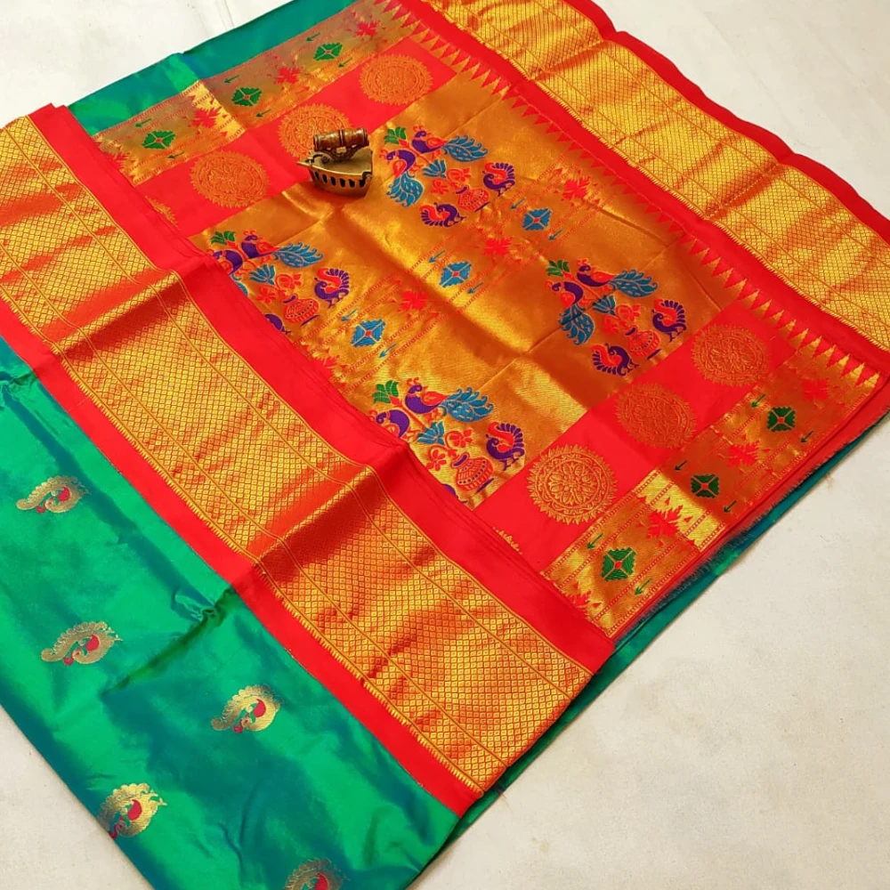 Green Pure Silk Paithani Saree featuring luxurious silk fabric, rich zari woven borders, elegant traditional motifs