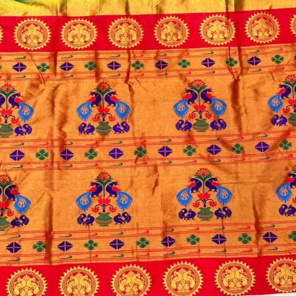 Heritage Self Red Semi Silk Paithani Saree with Peacock Embroidery Designer Blouse