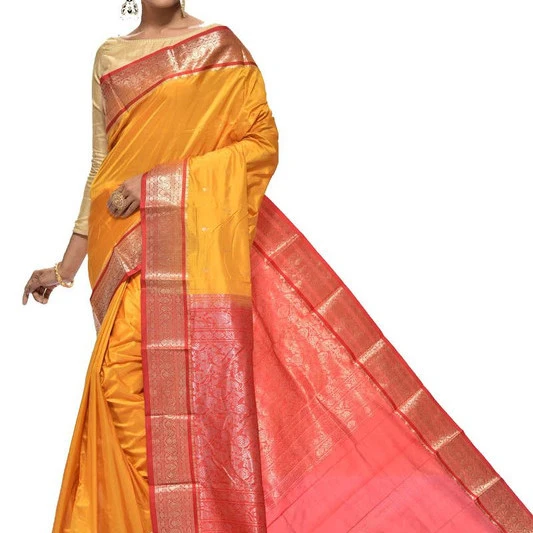 Mustard Orange and Red Contrast Traditional Kanchipuram Pure Silk Saree