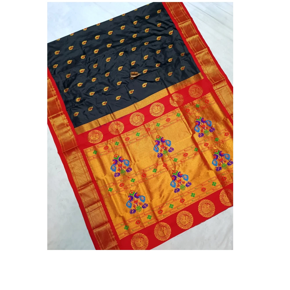 Black Pure Silk Paithani Saree featuring luxurious silk fabric, rich zari woven borders, elegant traditional motifs