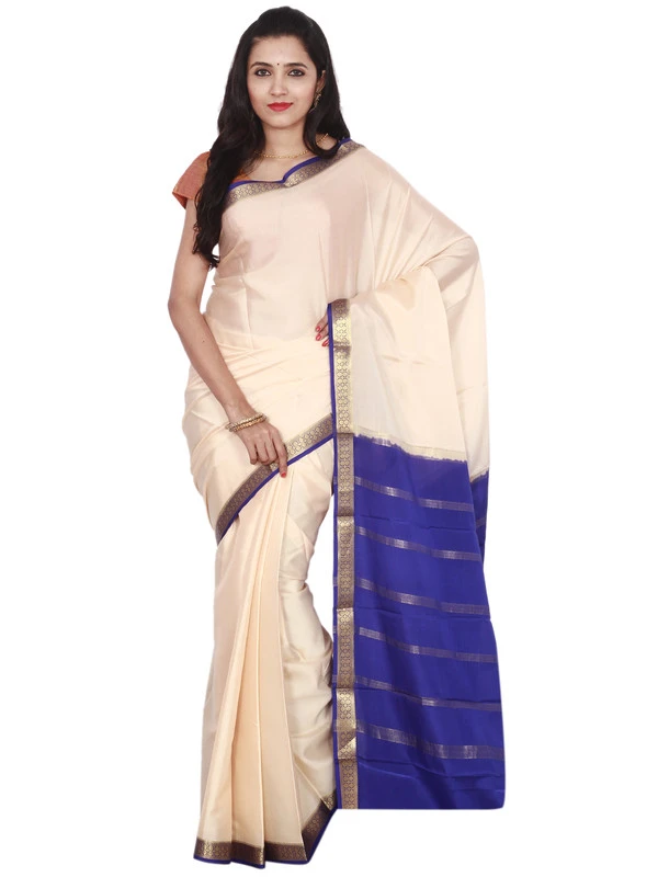 Tussar Cream with Royal Blue Contrast Pure Mysore Silk Handwoven saree