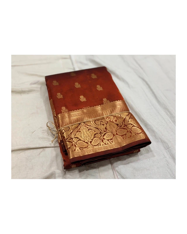 Copper Brown with Antique Zari Kanchipuram Pure Silk Handloom Saree Silk Mark with Blouse - FabFashionz