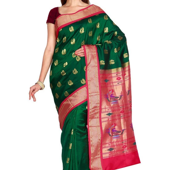 Paithani Pure Silk in Dark Green with Red Contrast Border Meena Butta Saree with Silk Mark
