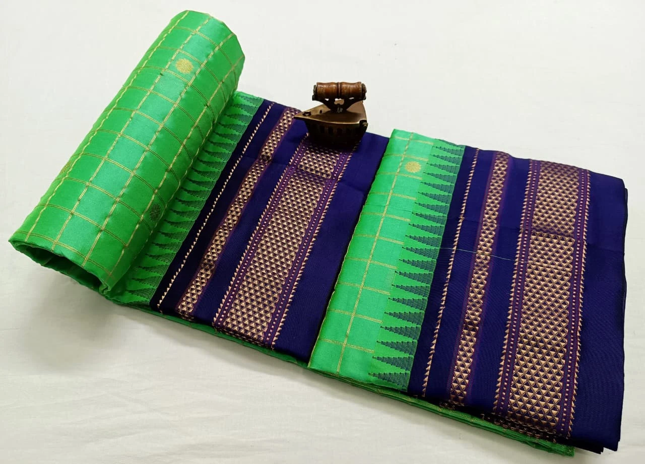 Pure Ilkaal Checks saree in Green with zari border and traditional woven patterns