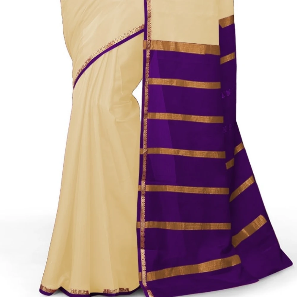 Tussar Cream with Purple  Contrast Onam Special Pure Mysore Silk Handwoven saree