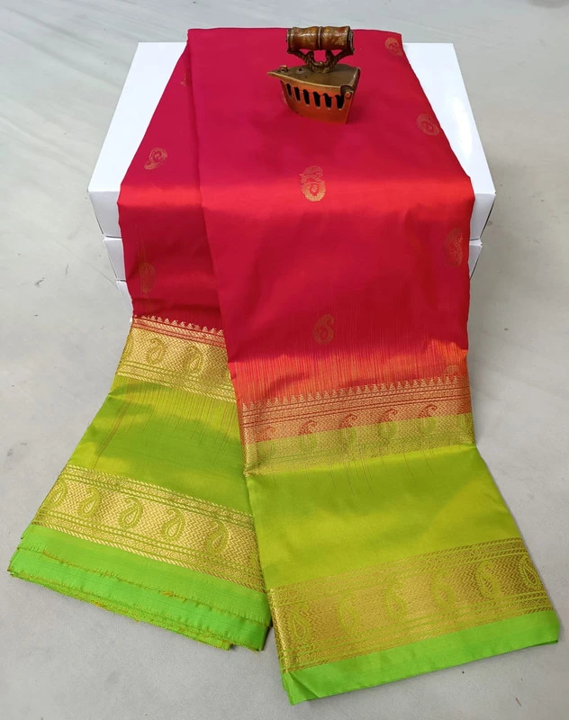 Pink and Lime Green Kanchipuram silk saree with Bentex border and golden motifs