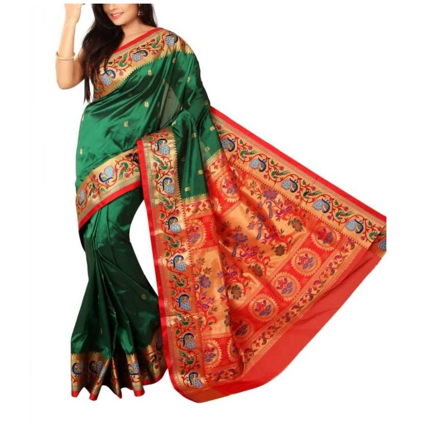Bottle Green and Red Embroidery Border Paithani Art Silk Saree