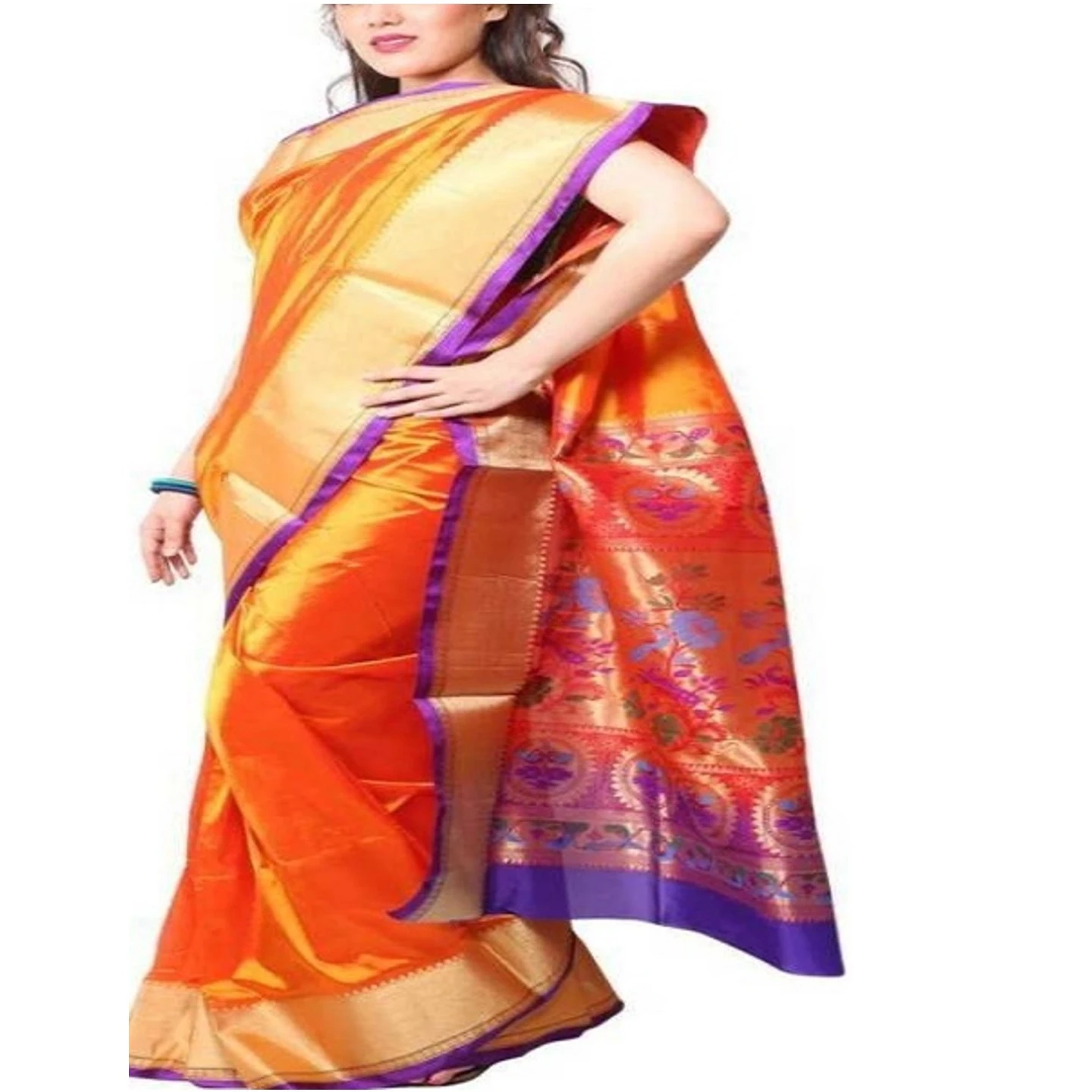 Orange and Purple Border Woven Paithani Art Silk Saree