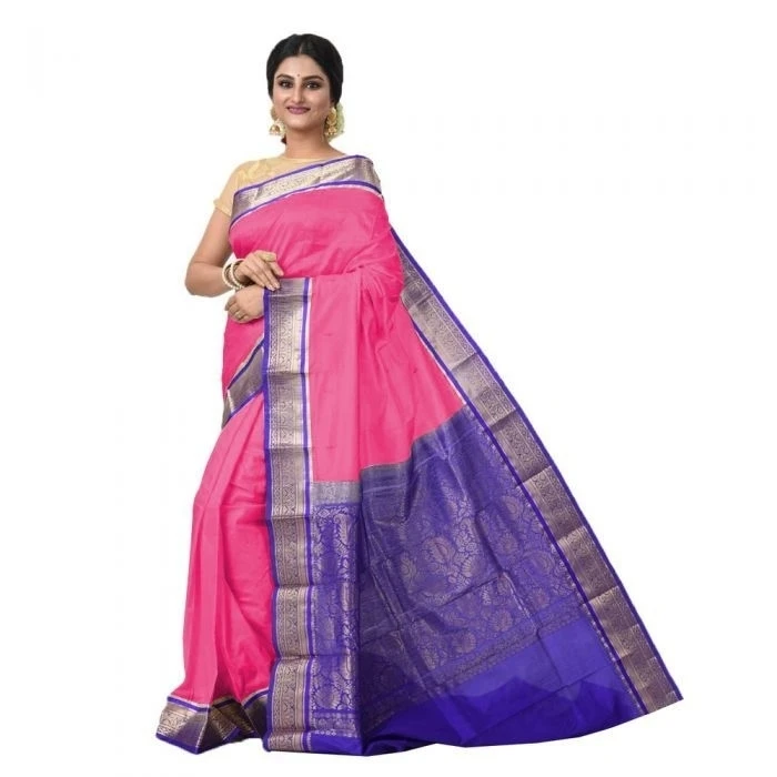 Baby Pink and Violet Contrast Traditional Kanchipuram Pure Silk Saree 