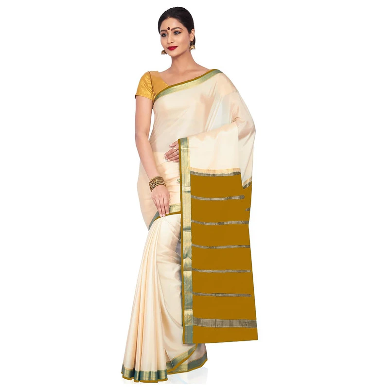 Tussar Cream with Yellow  Contrast Onam Special Pure Mysore Silk Handwoven saree