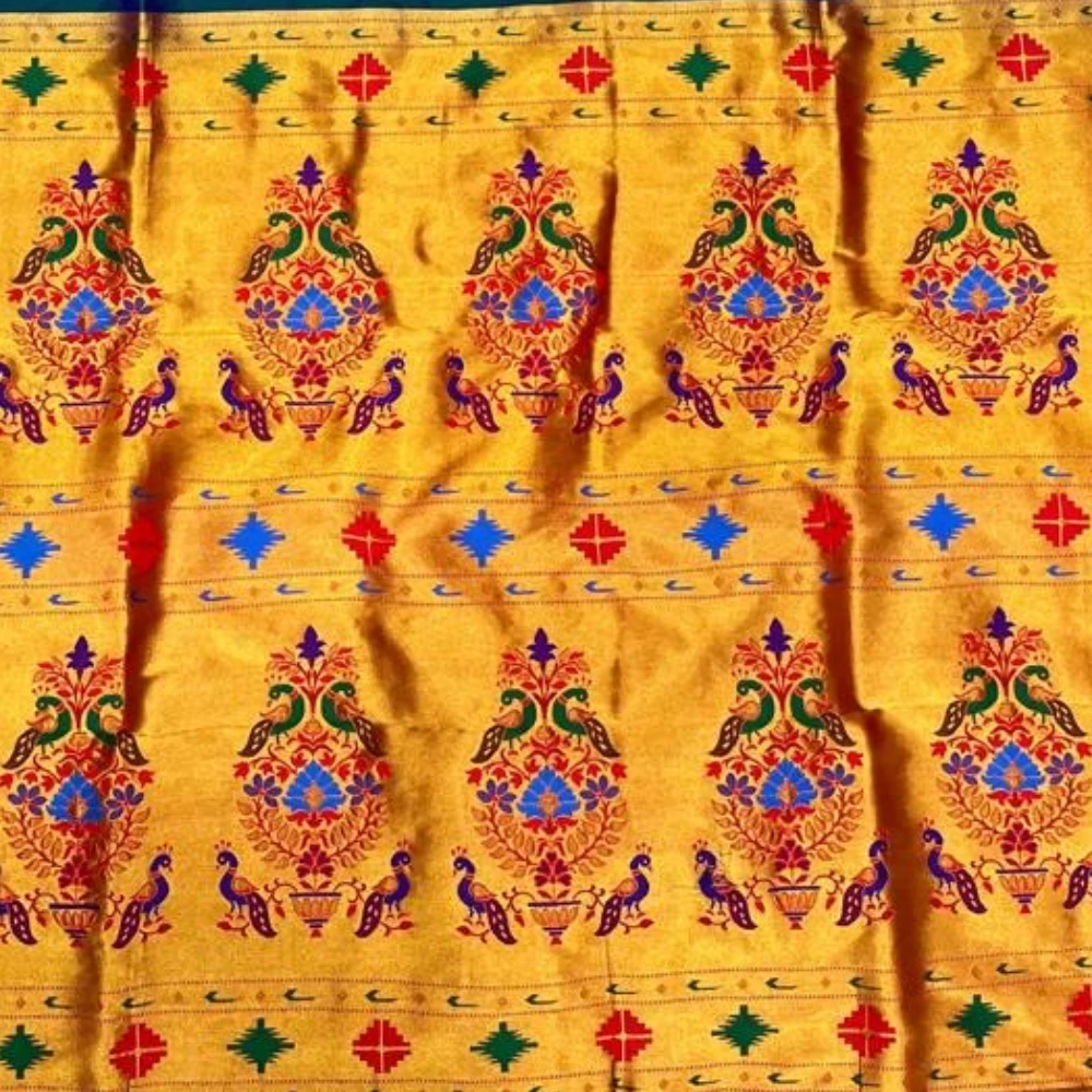 Heritage White and Green Semi Silk Paithani Saree with Peacock Embroidery Designer Blouse