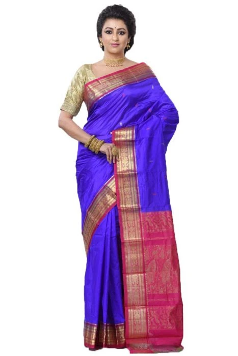 Traditional Kanchipuram Pure Silk Saree in Royal Blue with Rani Pink Contrast 