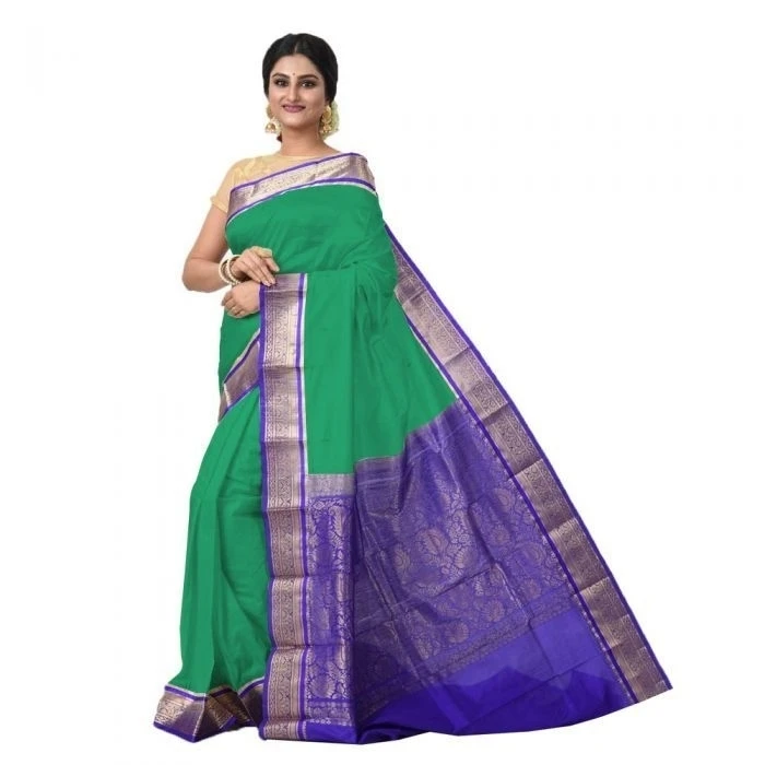 Green and Violet Contrast Traditional Kanchipuram Pure Silk Saree 