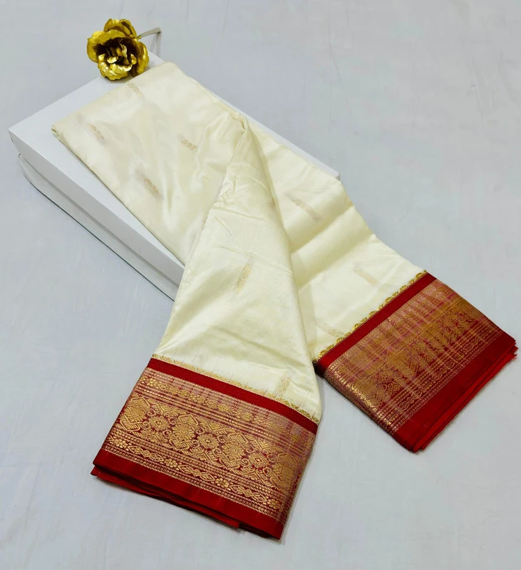 Ivory White and Red Contrast traditional silk saree with zari border for festive and wedding occasions