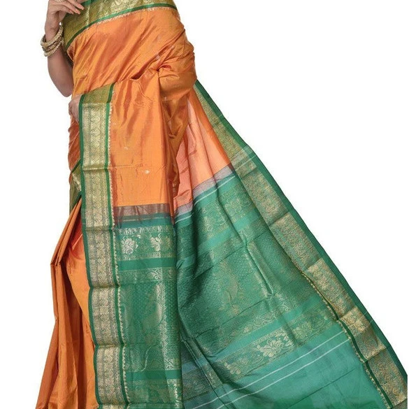 Traditional Kanchipuram Pure Silk Saree in Orange with Green Contrast 