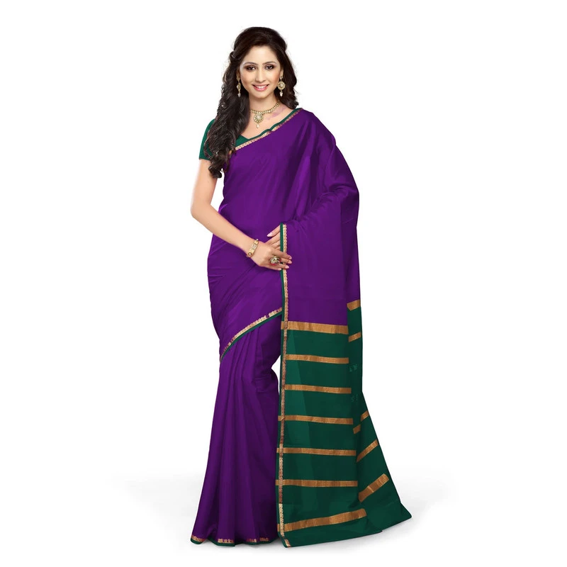 Pure Mysore Silk Saree in Purple and Green Contrast Mango Border