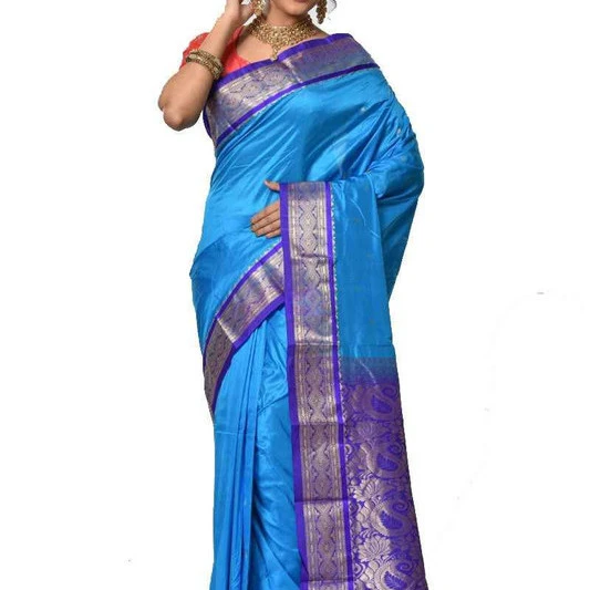 Ananda Blue and Violet Contrast Traditional Kanchipuram Pure Silk Saree