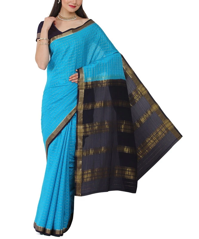 Ethereal Pure Mysore Silk Saree in Mint Blue & Elegant Gold Zari Border