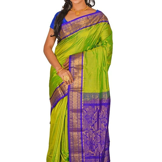 Traditional Kanchipuram Pure Silk Saree in Orange with Green Contrast 