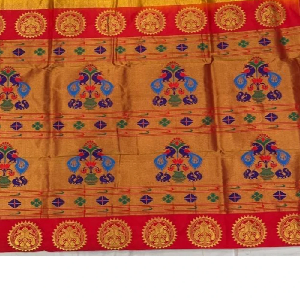 Scarlet Red Pure Silk Paithani Saree with Gold Flower Buti & Teal Zari Contrast Border