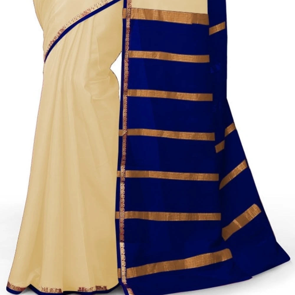 Tussar Cream with Royal Blue  Contrast Onam Special Pure Mysore Silk Handwoven saree