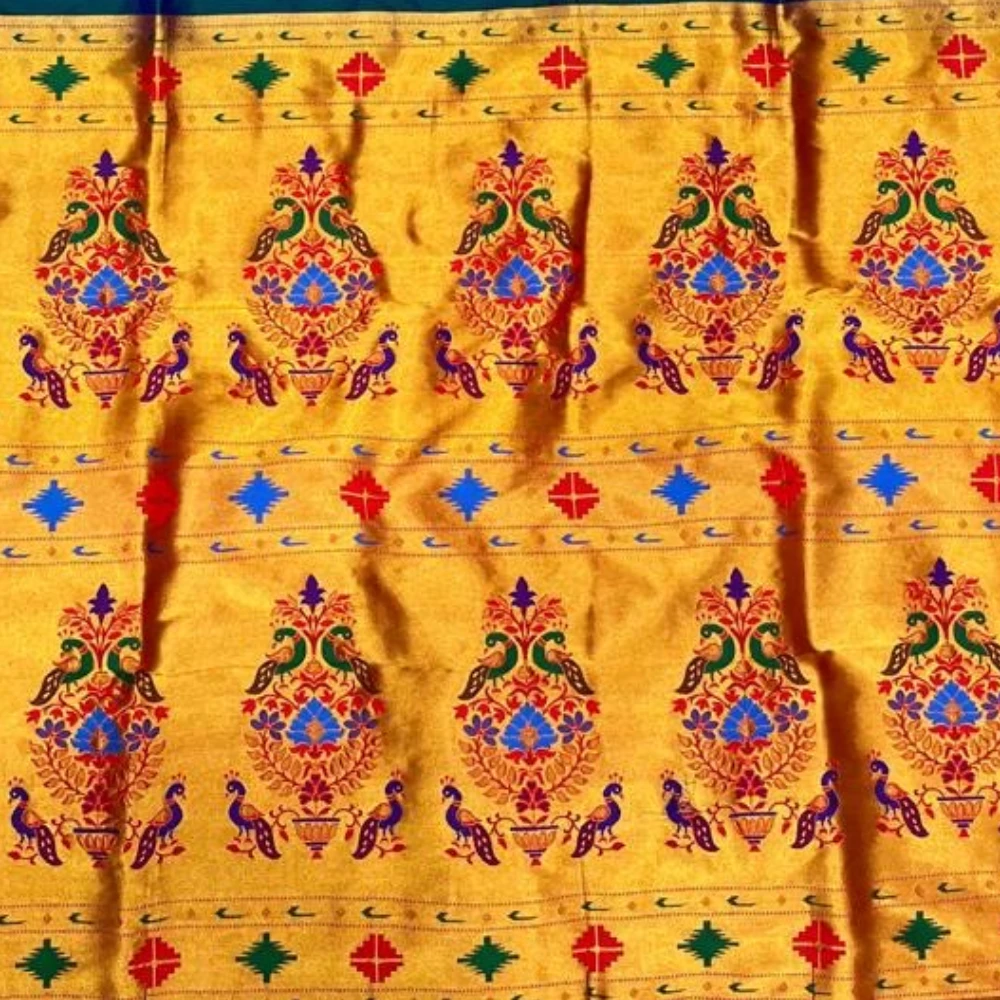 Orange Dual Shade and Green Semi Silk Paithani Saree with Peacock Embroidery Designer Blouse