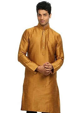 Metallic Gold Dupion Silk Mens Kurtha with White Pajama