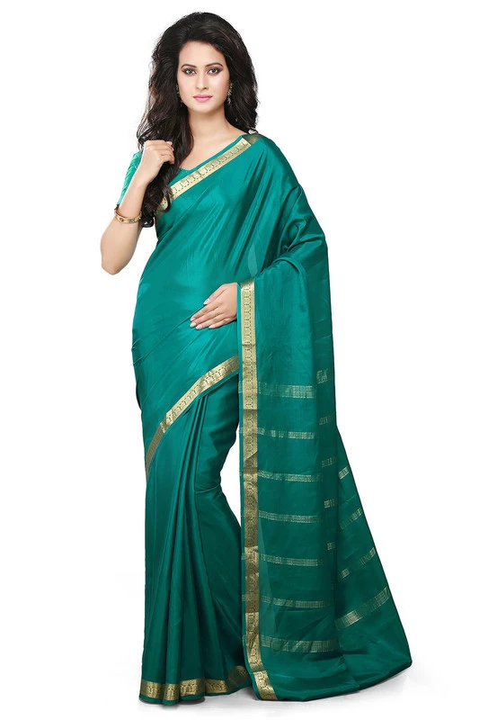 Teal Green Self Coloured Pure Mysore Silk Handwoven saree