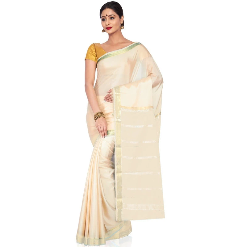 Cream Kasav Color Piping Border Saree for Onam in Pure Mysore Silk Fabric with Silk Mark