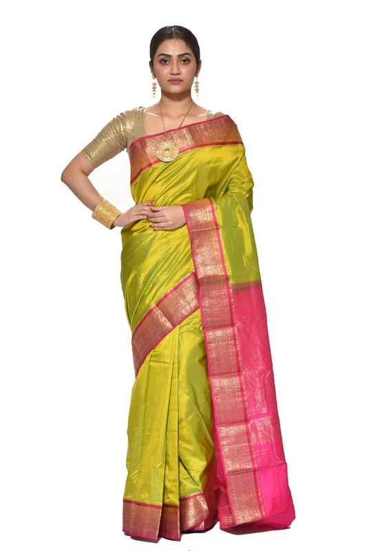 Traditional Kanchipuram Pure Silk Saree in Parrot Green with Rani Pink Contrast 