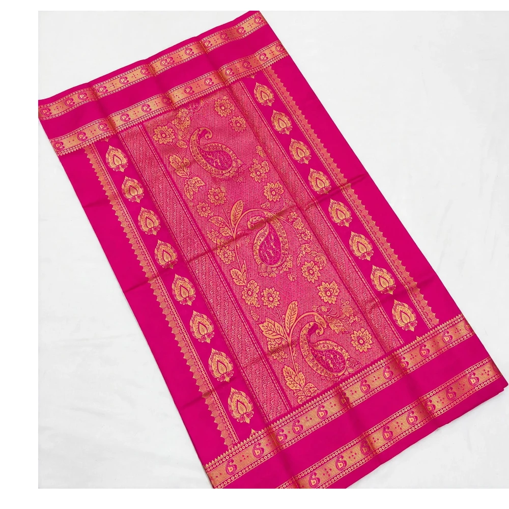 Navy Blue and Pink Kanchipuram silk saree with Bentex border and golden motifs