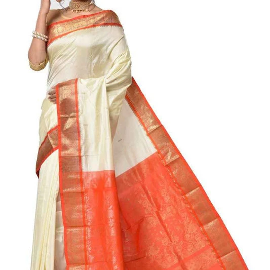 White and Orange Contrast Traditional Kanchipuram Pure Silk Saree