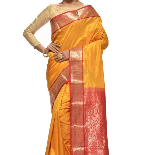 Mustard Orange and Red Contrast Traditional Kanchipuram Pure Silk Saree